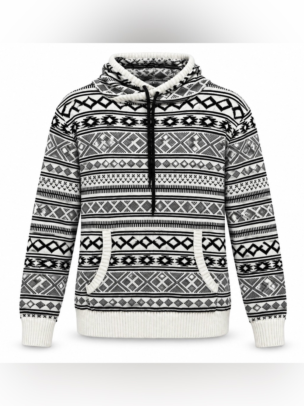 Carbon Men’s Large Aztec Geometric Knit Pullover Hoodie Black White